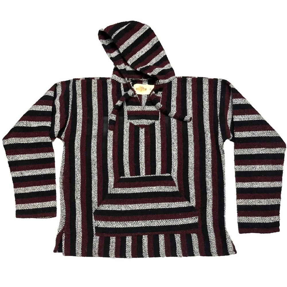 EARTH RAGZ Festival Hoodie Red Baja Bohemian Surf Striped Pullover Poncho SZ XL